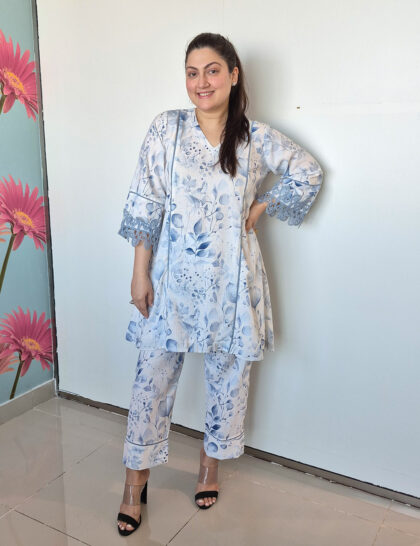 Blue Floral Cotton Linen Coord Set