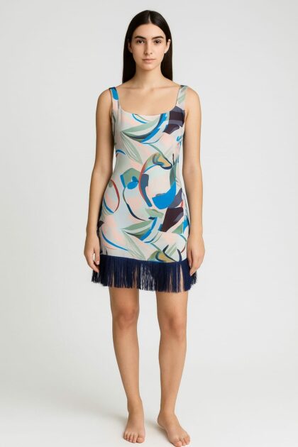 Sleeveless Abstract Mini dress with Fringe