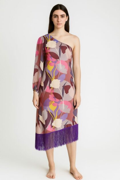 One Shouldered Purple Midi Dress with purple fringe