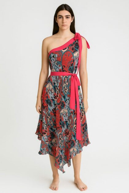 One Shouldered Pleated Pink Dress