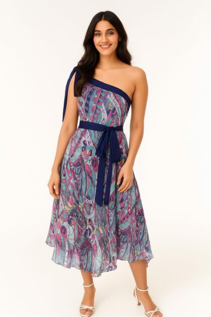 One Shouldered Pleated Purple Dress