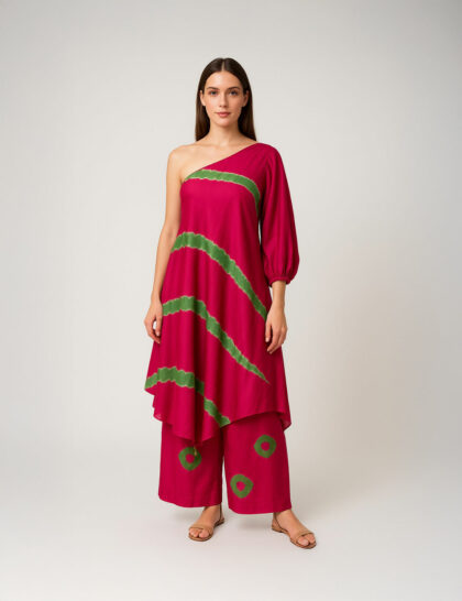 Pink One Shouldered Tye-Dye Coord with Flared Pants