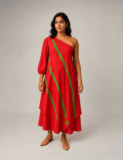 Red One Shouldered Tye-Dye Coord with Flared Pants