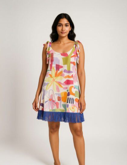 Asymmetric Printed Dress with Fringe