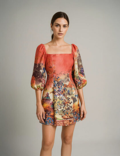 Balloon Sleeve Printed Dress