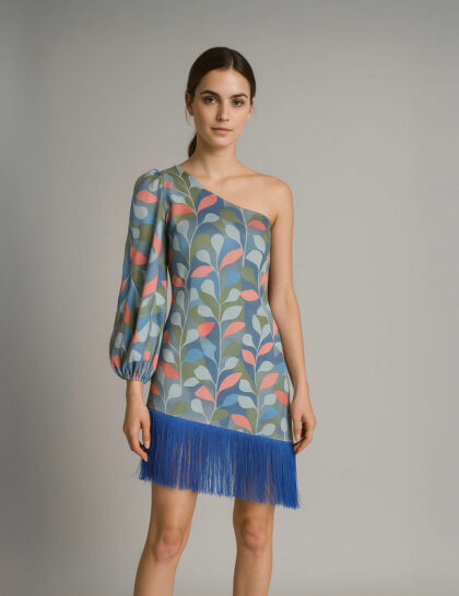 One Shouldered Mini Dress with Fringe