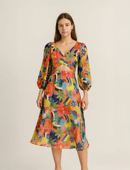 Balloon Sleeve Printed Maxi Dress with Cut Out