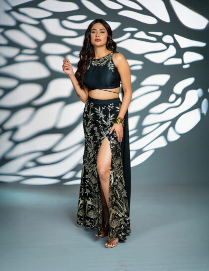 Floral Black & Gold Lehenga with a Back Drape