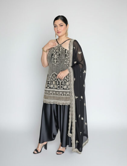 Black Embroidered Kurta with Draped Pants & Dupatta