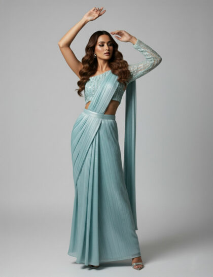 Aqua Pleated Pre-Draped Saree With Embellished One Shoulder Blouse.