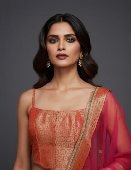 Coral Banarasi Motif Lehenga