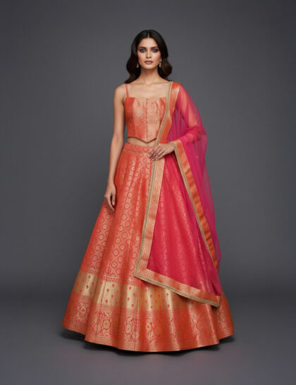 Coral Banarasi Motif Lehenga