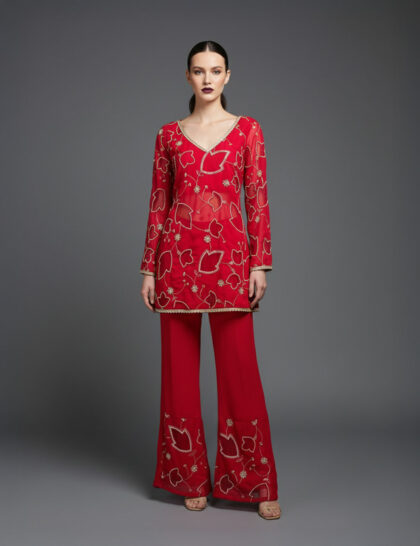 Red Embroidered Kurti And Flared Trouser Set