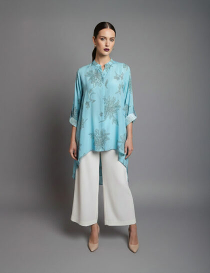Powder Blue Floral High Low Tunic And White Wide Leg Pants