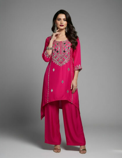 Embroidered Asymmetric High Low Kurti Set