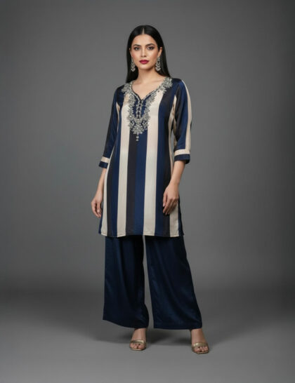 Navy And Beige Striped Kurti With Wide Leg Pants