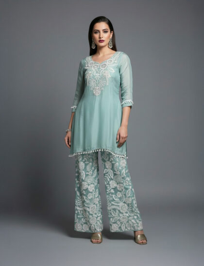 Powder Blue Embroidered Kurti And Floral Palazzo Set