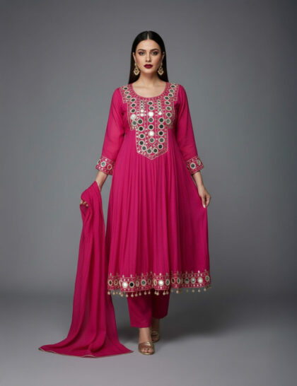Magenta Mirror Work Anarkali Set