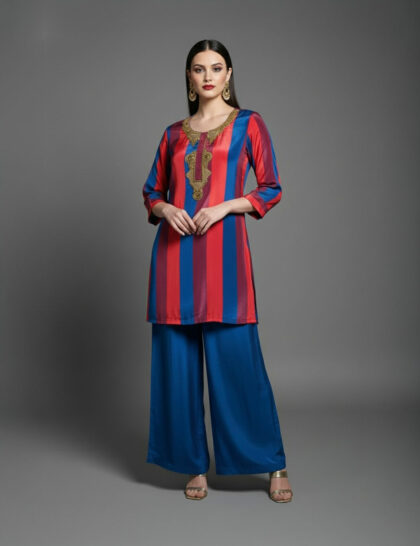 Red And Blue Striped Kurti With Wide Leg Pants