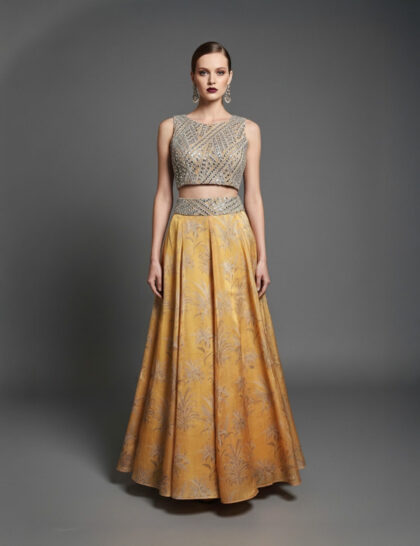 Geometric Mirror Work And Printed Lehenga Set