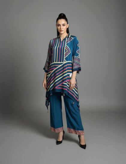 Teal Geometric High Low Tunic With Wide Leg Pants