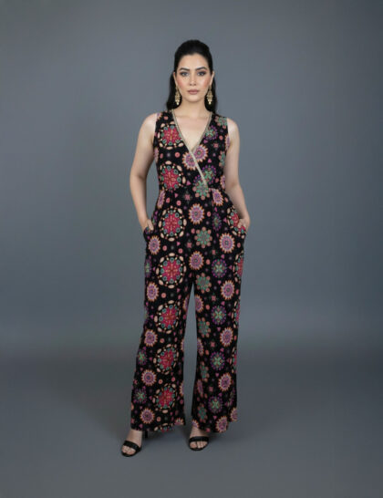 Printed Sleeveless Jumpsuit With Surplice Neckline