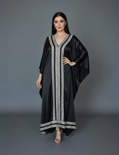 Onyx Silk Satin Embroidered Kaftan Gown