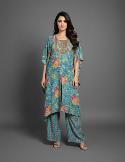 Embellished Floral Crepe Kaftan Set