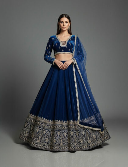 Midnight Blue Velvet Embroidered Lehenga With Lace Up Choli Set