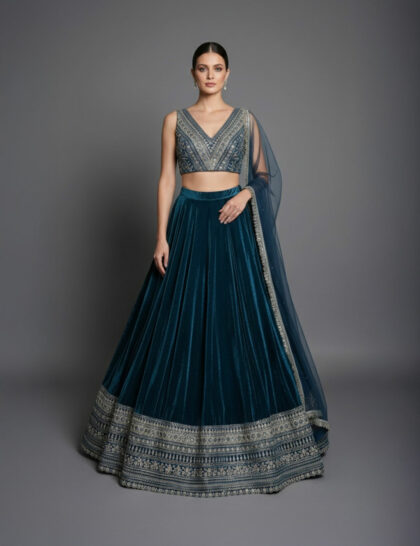 Ornate Embroidered Velvet Heritage Lehenga Set