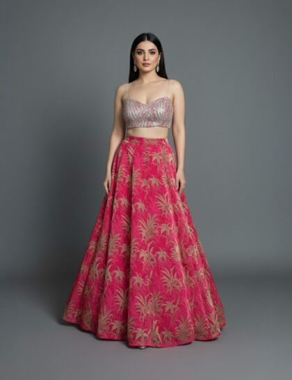 Fuchsia Gilded Botanical Brocade Lehenga Set