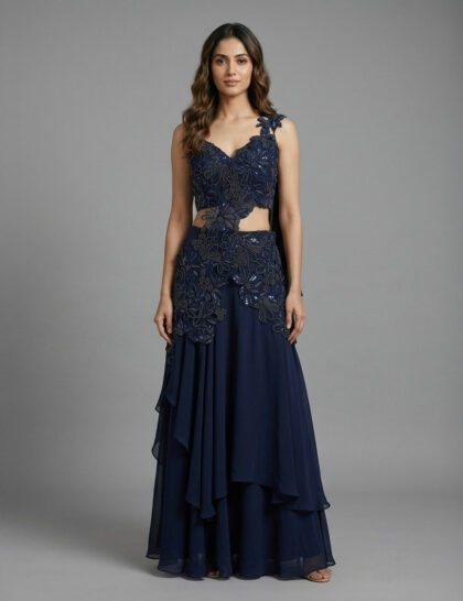 Navy Draped Cutwork Saree