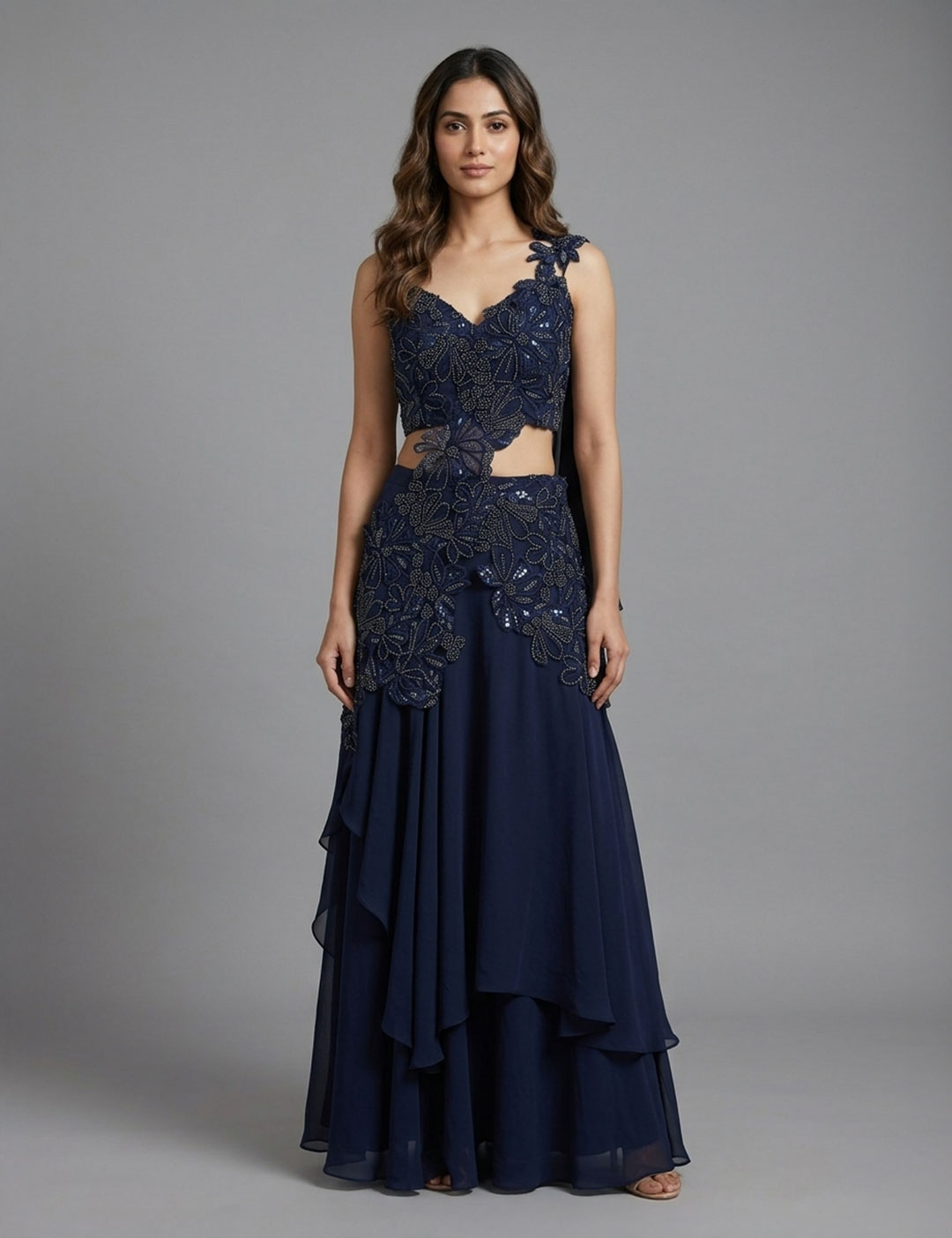 Navy Draped Cutwork Saree