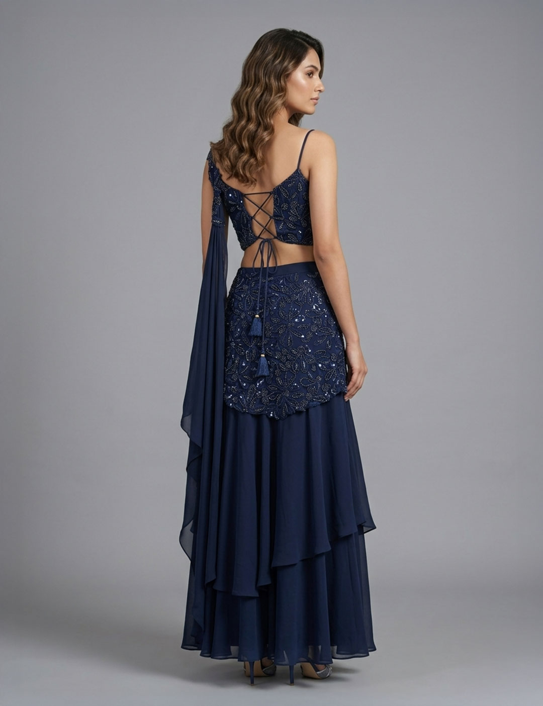Navy Draped Cutwork Saree - Image 2