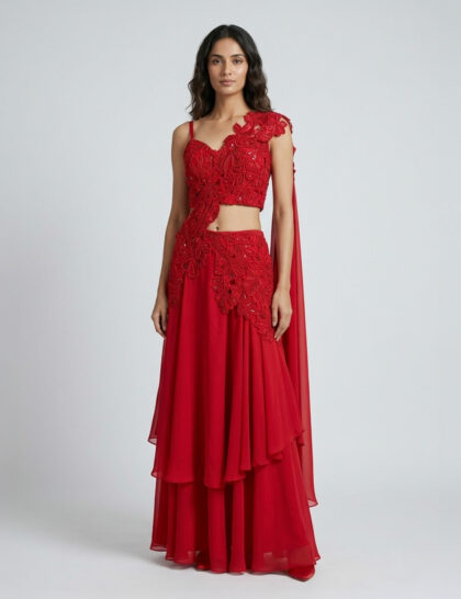 Red Draped Cutwork Saree