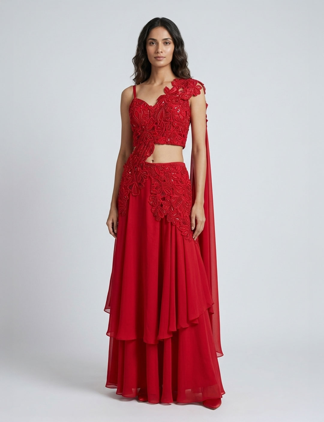 Red Draped Cutwork Saree