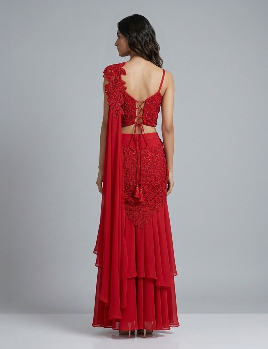 Red Draped Cutwork Saree - Image 2