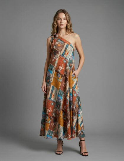 Long printed dress with one shoulder tie up