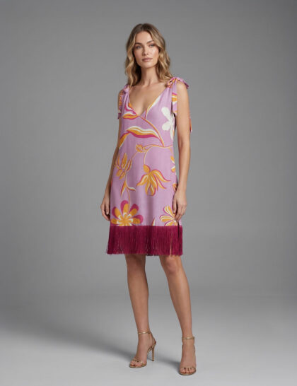 Printed tie up dress with fringe