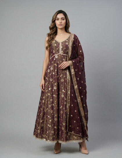 Brown printed anarkali