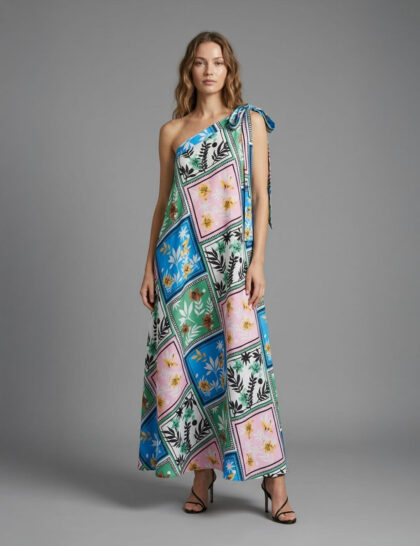 long printed dress with one shoulder tie up