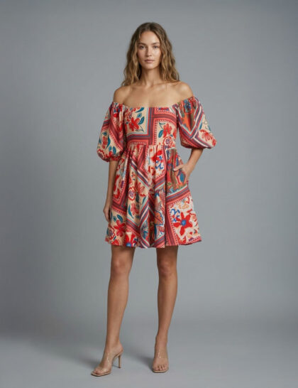 Printed dress with Balloon Sleeves
