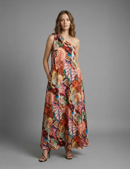 Long printed dress with one shoulder tie up