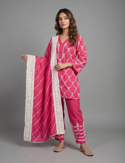 Hot Pink Cotton Threadwork Suit