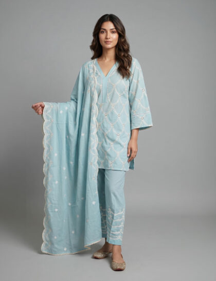 Powder Blue Threadwork Cotton Suit